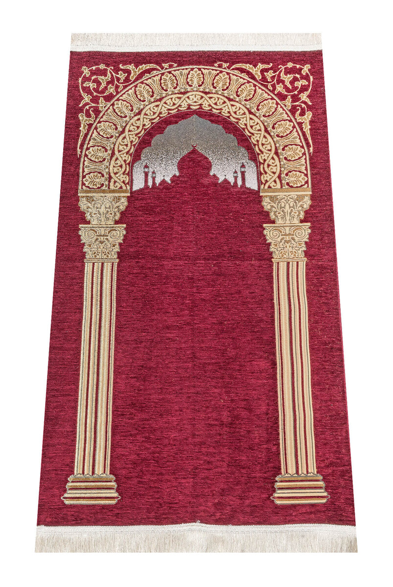 Taj Mahal Patterned Chenille Prayer Rug - Claret Red - 1