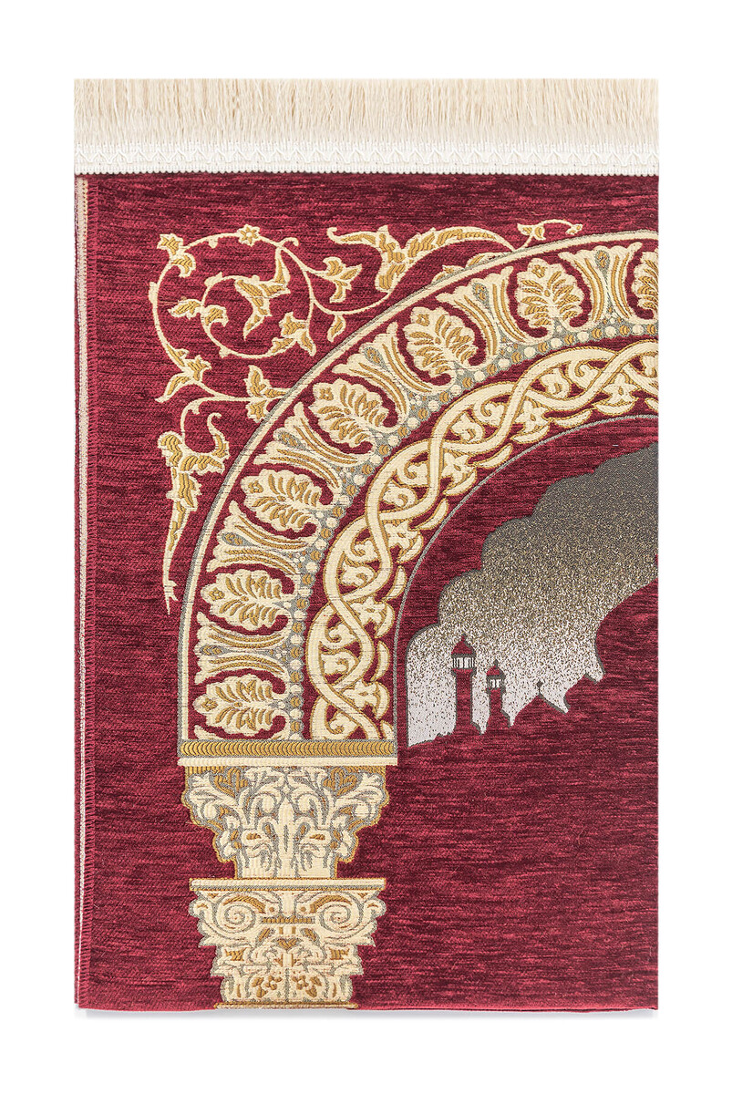 Taj Mahal Patterned Chenille Prayer Rug - Claret Red - 2