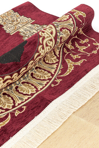 Taj Mahal Patterned Chenille Prayer Rug - Claret Red - 3