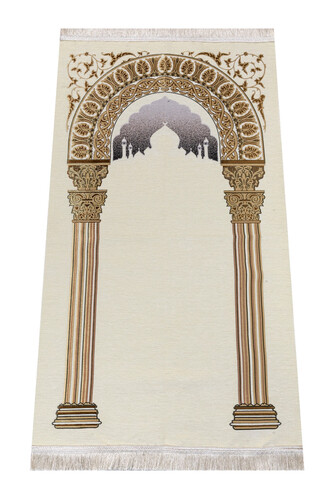 Taj Mahal Patterned Chenille Prayer Rug - Cream Color - 1