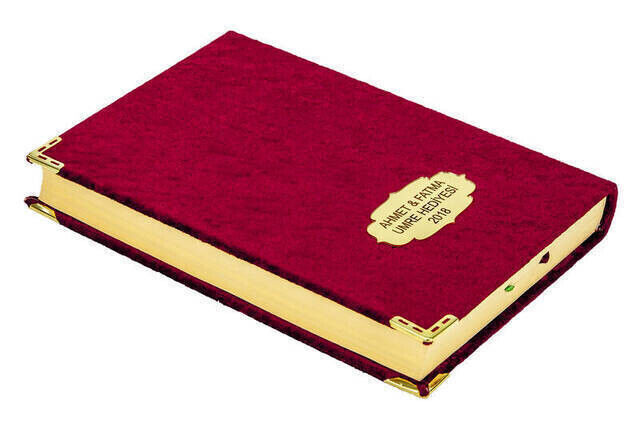 The Holy Quran - Turkish Meaning - Velvet Covered - Named Special Plate - Medium Size - Claret Red - 2