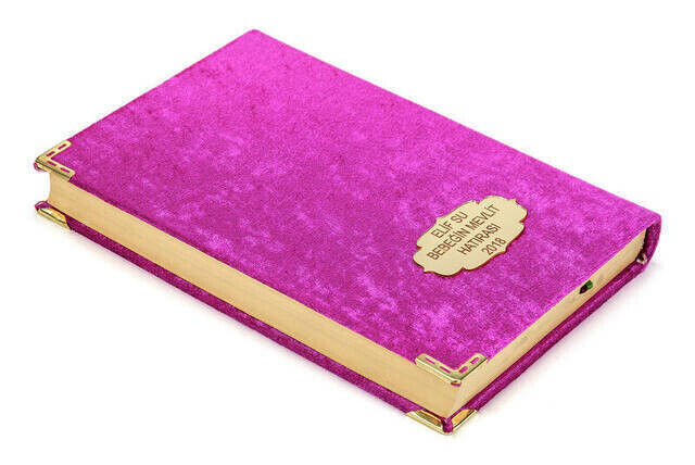 The Holy Quran - Turkish Meaning - Velvet Covered - Named Special Plate - Medium Size - Fuchsia Color - 2