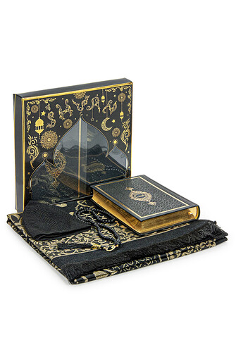 Thermo Leather Quran Gift Prayer Rug Set Suitable for Black Dowry Groom's Pack - 1