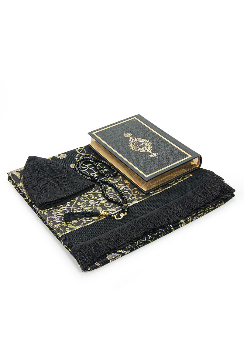 Thermo Leather Quran Gift Prayer Rug Set Suitable for Black Dowry Groom's Pack - 3