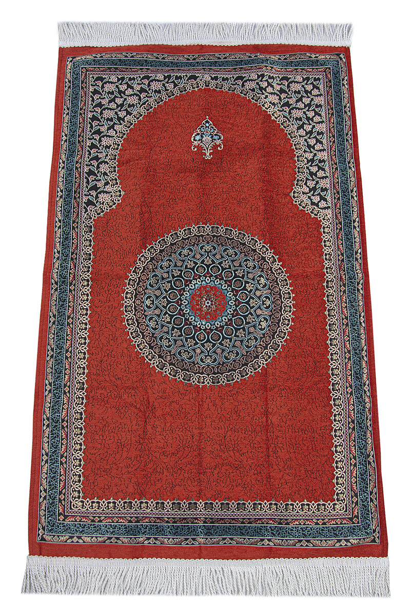 Tile Traditional Motif, Knitted Fringed, Mihrab, Lined Chenille Prayer Rug - 1