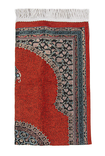 Tile Traditional Motif, Knitted Fringed, Mihrab, Lined Chenille Prayer Rug - 3