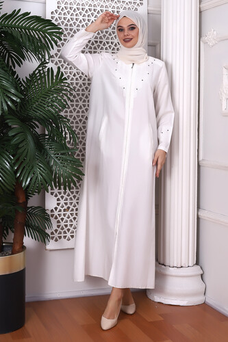 Top Embroidered Beaded Cream Abaya - 1