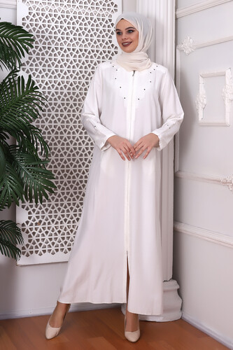 Top Embroidered Beaded Cream Abaya - 2