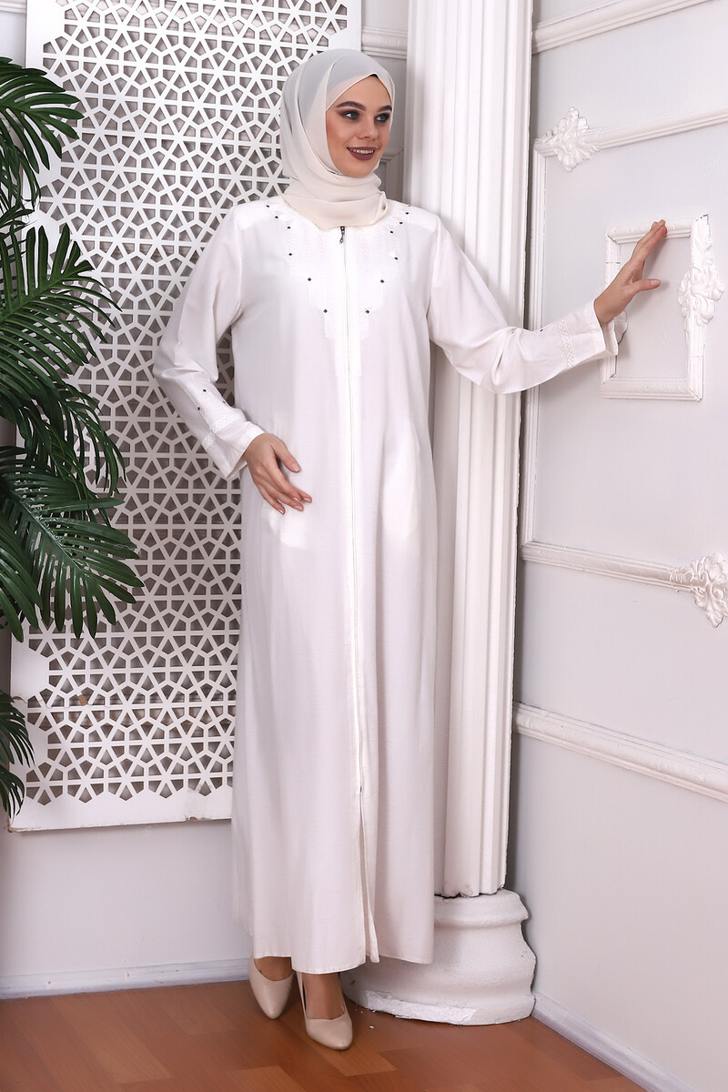 Top Embroidered Beaded Cream Abaya - 3