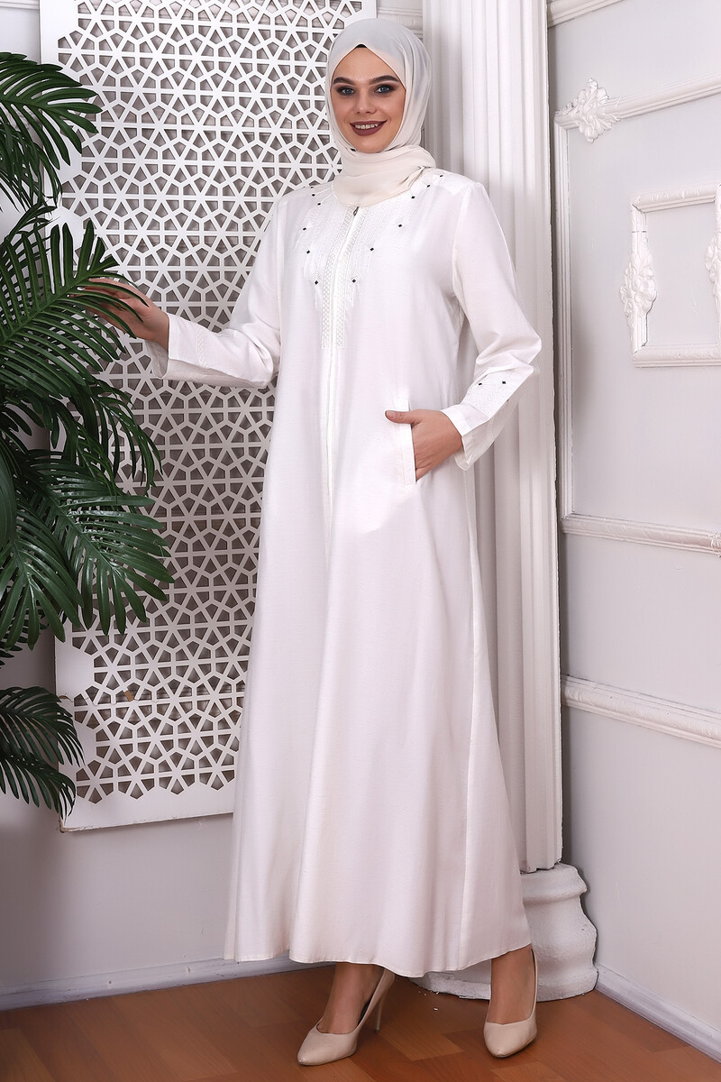 Top Embroidered Beaded Cream Abaya - 4