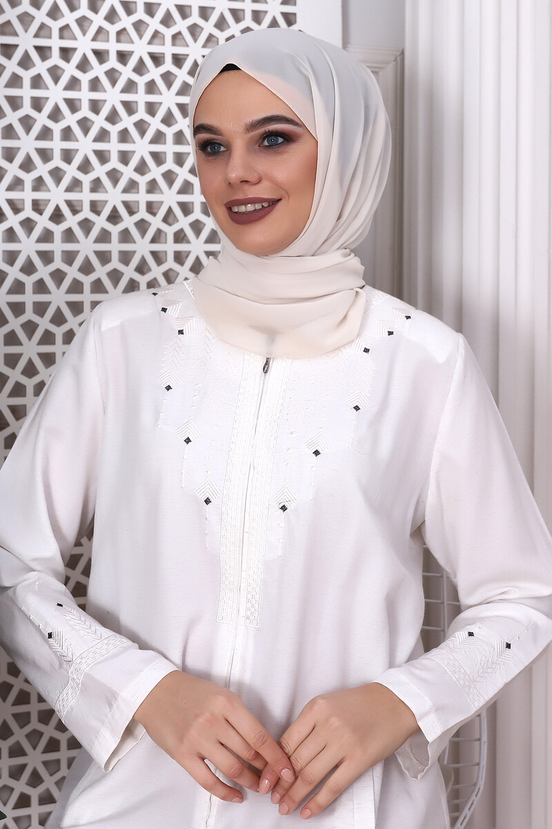 Top Embroidered Beaded Cream Abaya - 5