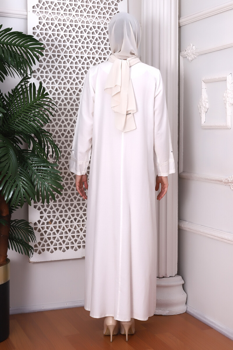 Top Embroidered Beaded Cream Abaya - 6