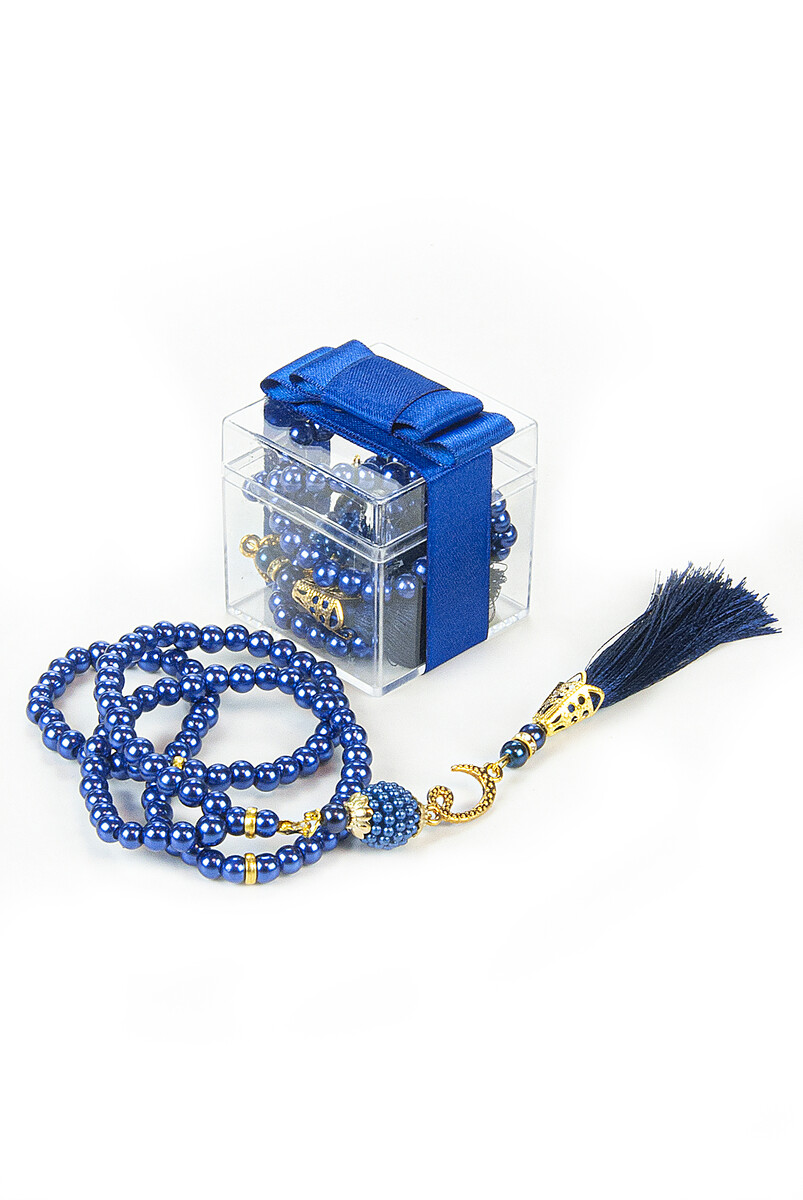 Transparent Boxed Pearl Rosary Mevlüt Gift Set Navy Blue - 1