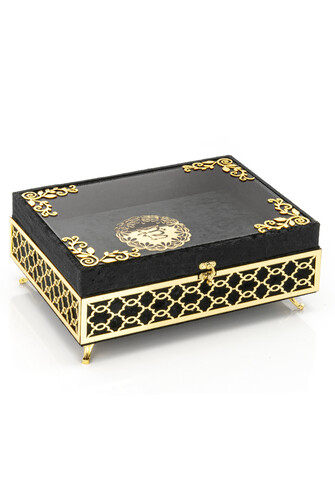 Transparent Plexiglass Velvet Covered Dowery Quran Set with Chest - Black - 1