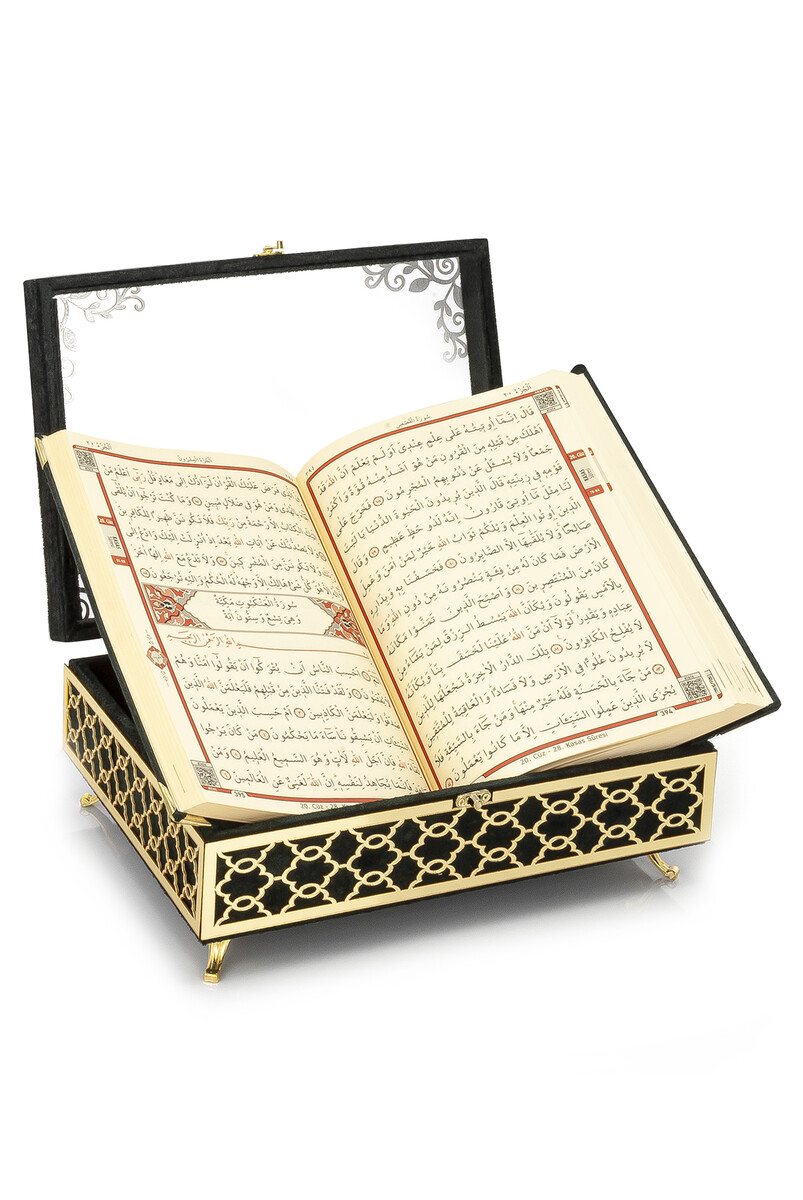 Transparent Plexiglass Velvet Covered Dowery Quran Set with Chest - Black - 3