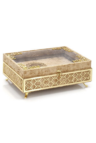 Transparent Plexiglass Velvet Covered Dowery Quran Set with Chest - Gold - 1