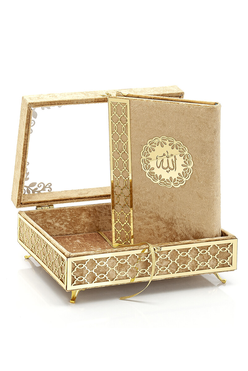 Transparent Plexiglass Velvet Covered Dowery Quran Set with Chest - Gold - 2