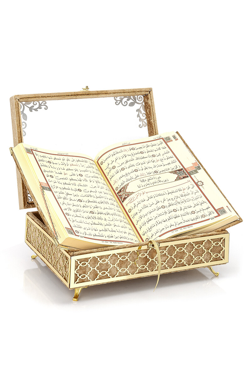 Transparent Plexiglass Velvet Covered Dowery Quran Set with Chest - Gold - 3