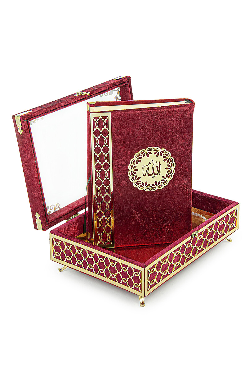 Transparent Plexiglass Velvet Covered Dowery Quran Set with Chest - Red - 1