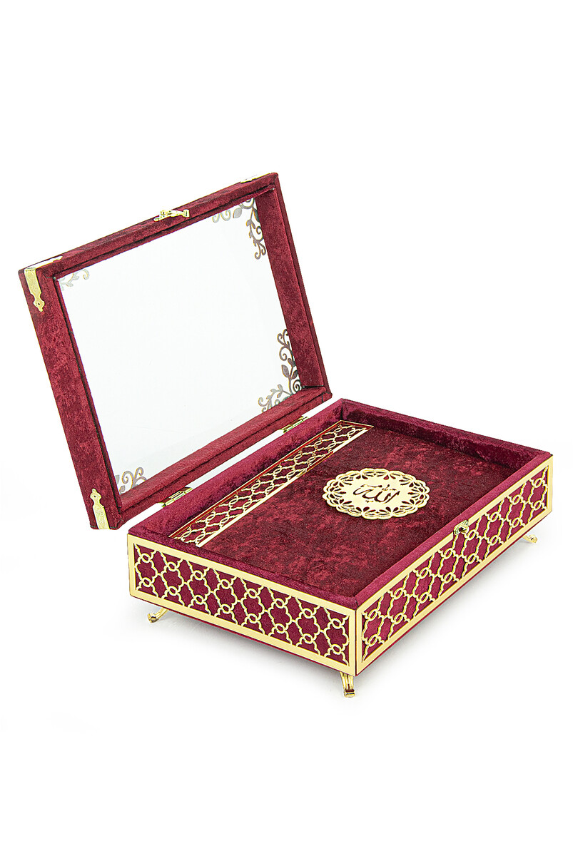 Transparent Plexiglass Velvet Covered Dowery Quran Set with Chest - Red - 2