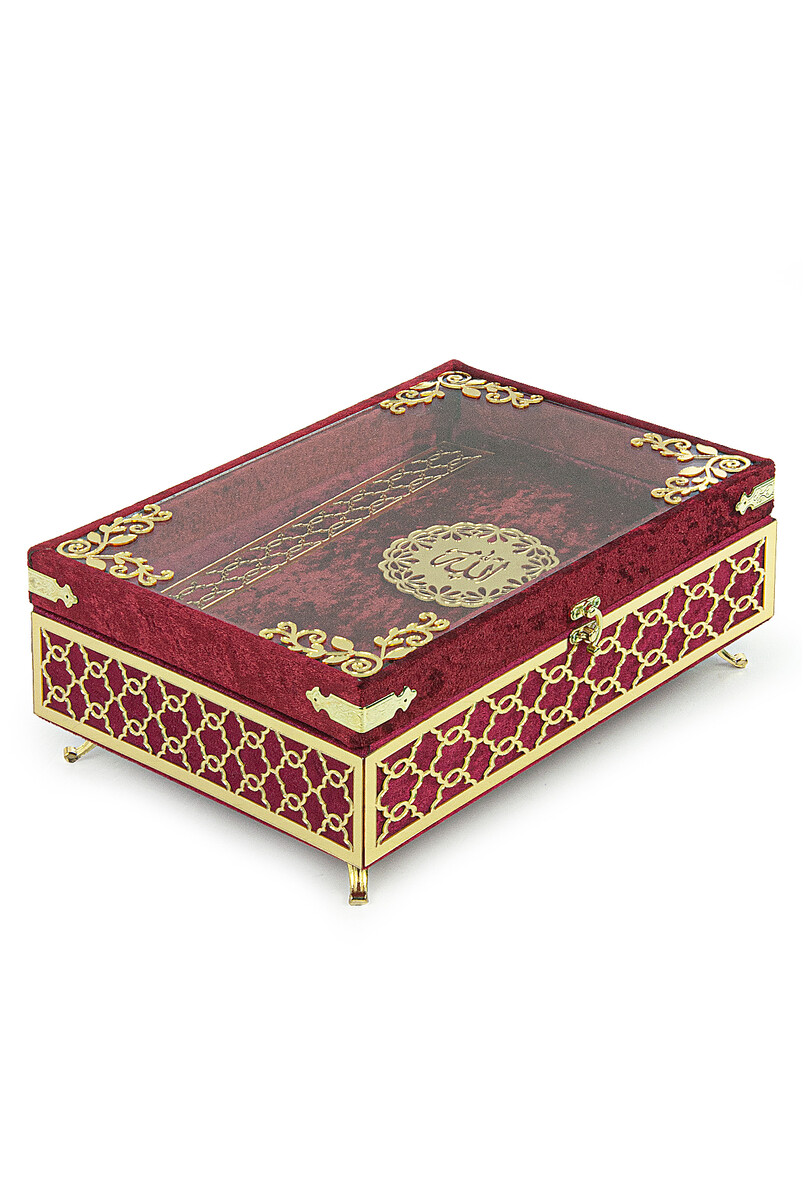 Transparent Plexiglass Velvet Covered Dowery Quran Set with Chest - Red - 3