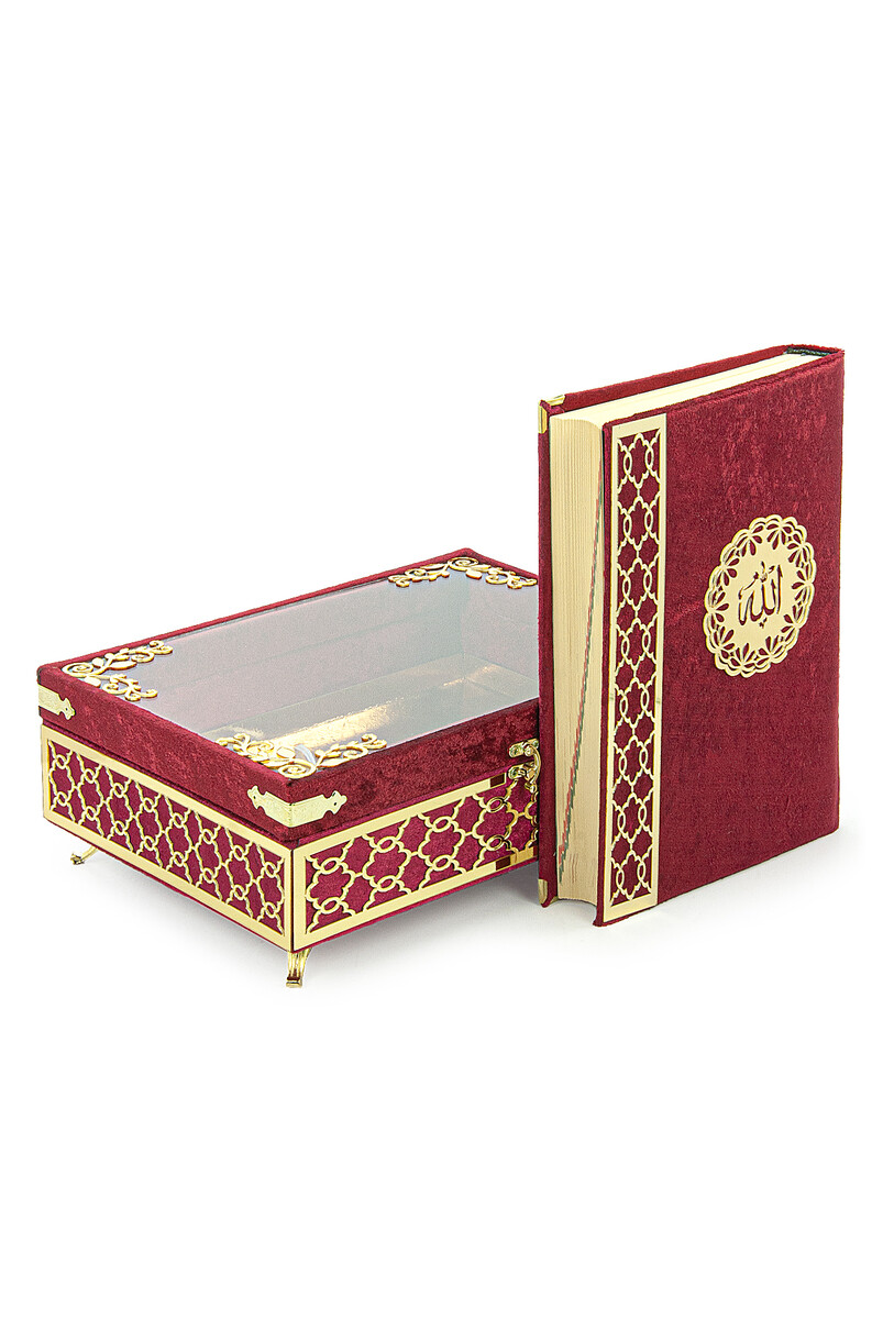 Transparent Plexiglass Velvet Covered Dowery Quran Set with Chest - Red - 4