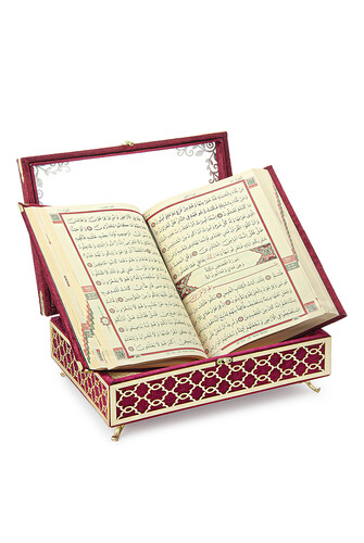 Transparent Plexiglass Velvet Covered Dowery Quran Set with Chest - Red - 5