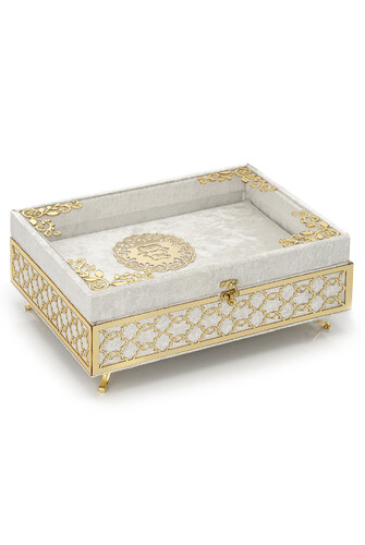 Transparent Plexiglass Velvet Covered Dowry Quran Set With Box - Cream - 1