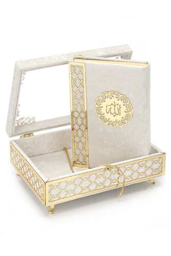 Transparent Plexiglass Velvet Covered Dowry Quran Set With Box - Cream - 2