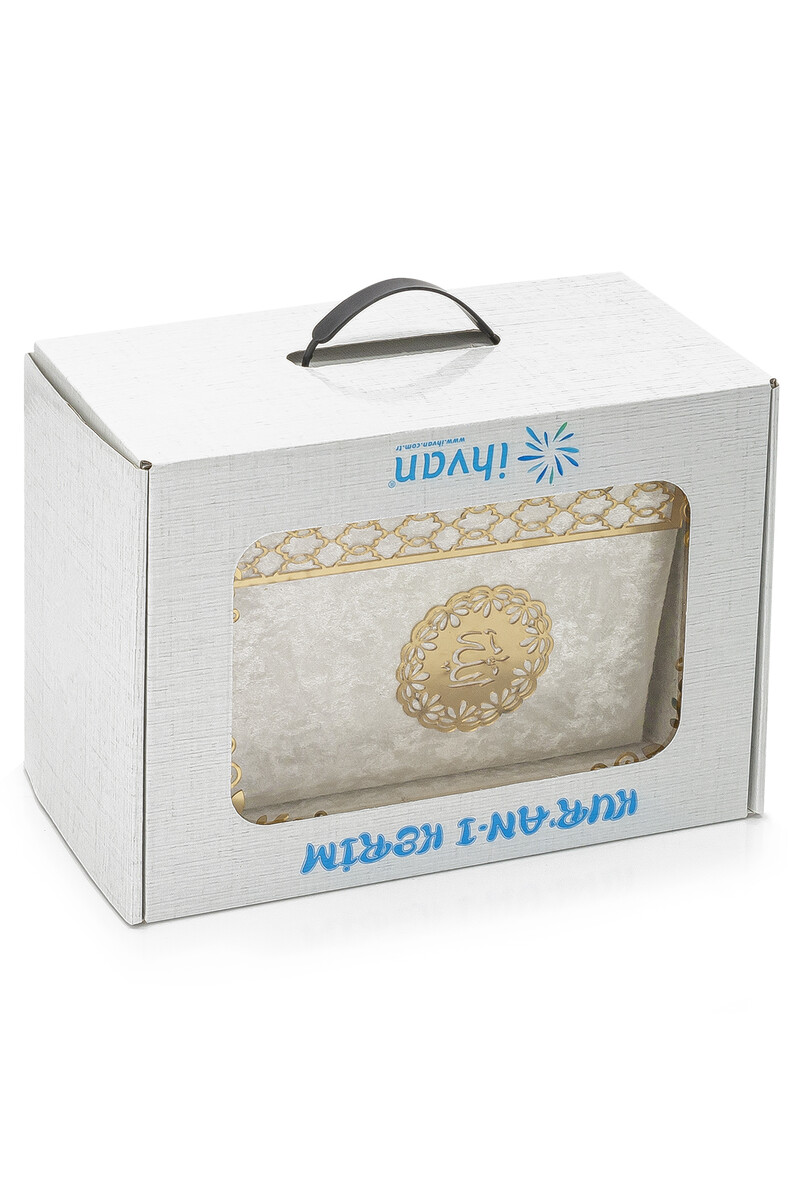 Transparent Plexiglass Velvet Covered Dowry Quran Set With Box - Cream - 4