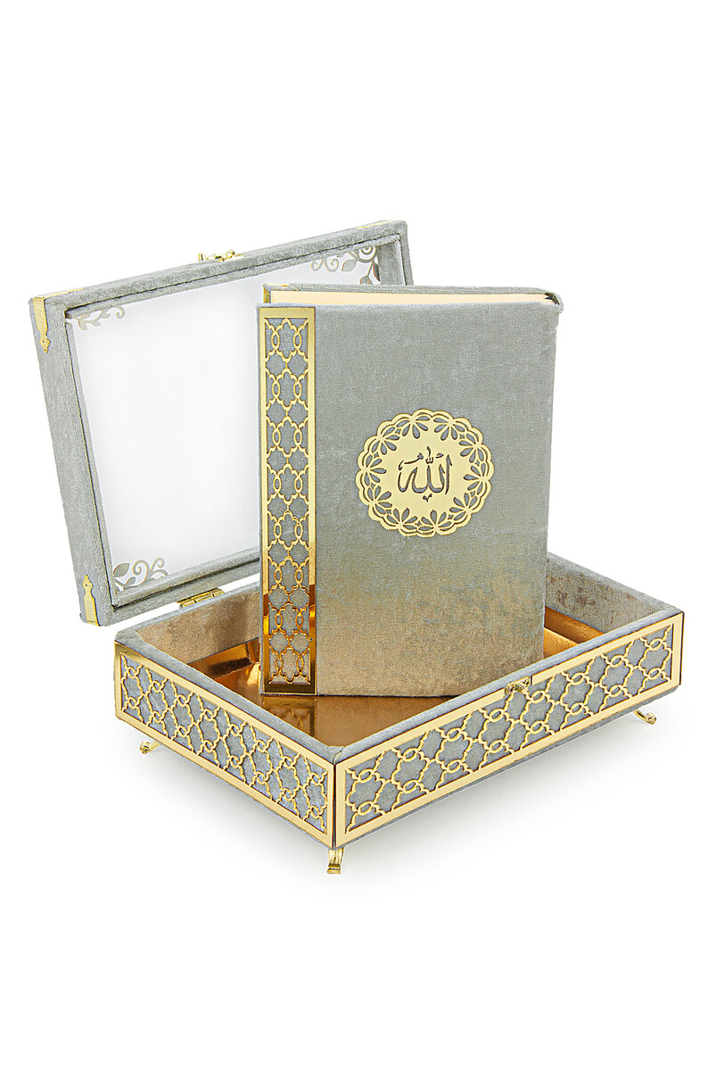 Transparent Plexiglass Velvet Covered Dowry Quran Set With Box - Gray - 1