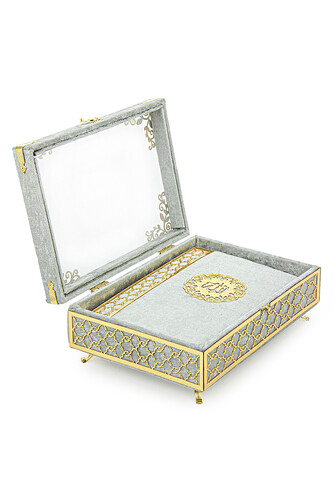 Transparent Plexiglass Velvet Covered Dowry Quran Set With Box - Gray - 3