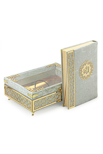 Transparent Plexiglass Velvet Covered Dowry Quran Set With Box - Gray - 4