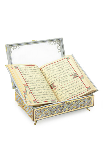 Transparent Plexiglass Velvet Covered Dowry Quran Set With Box - Gray - 5