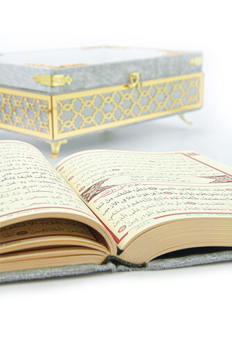 Transparent Plexiglass Velvet Covered Dowry Quran Set With Box - Gray - 8