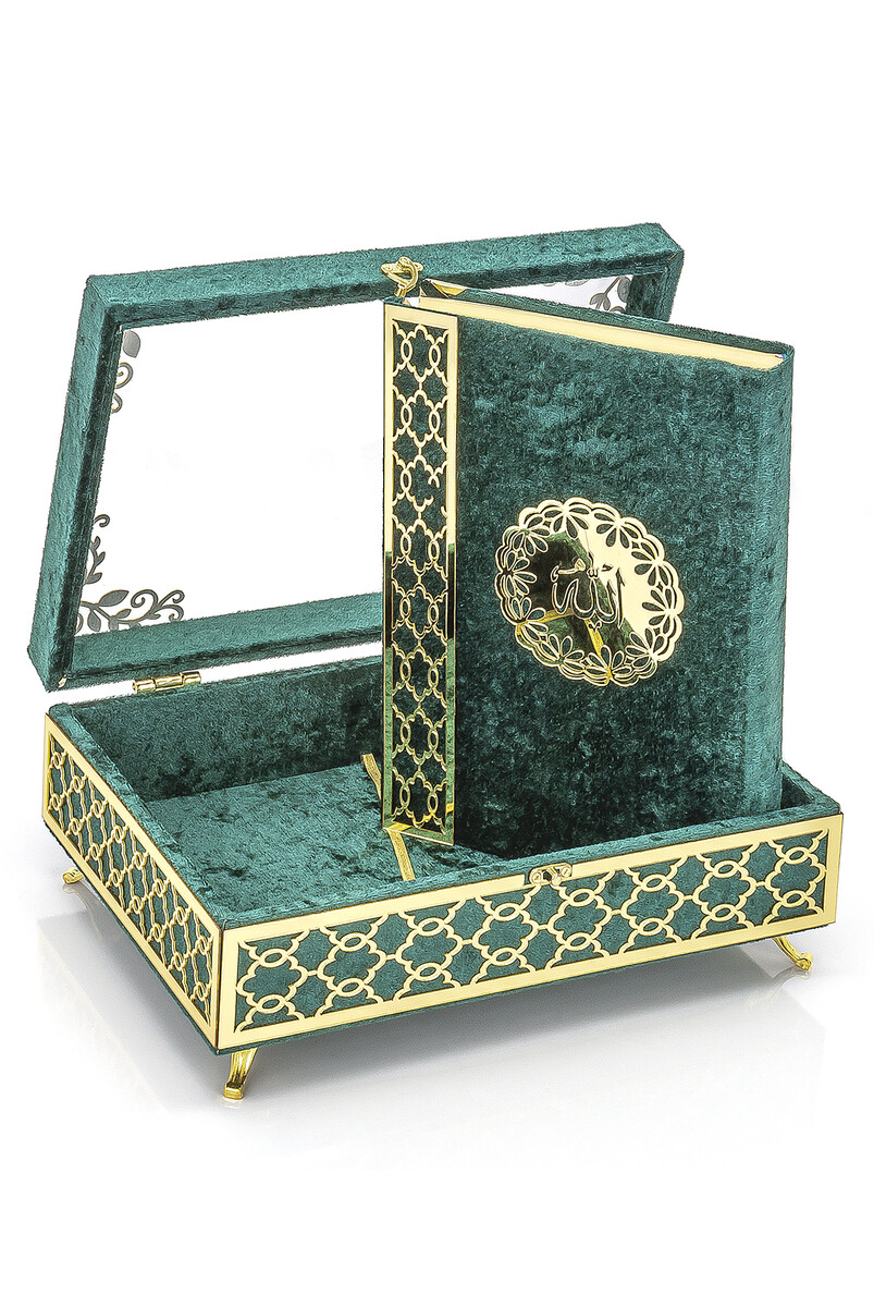 Transparent Plexiglass Velvet Covered Dowry Quran Set With Box - Green - 2