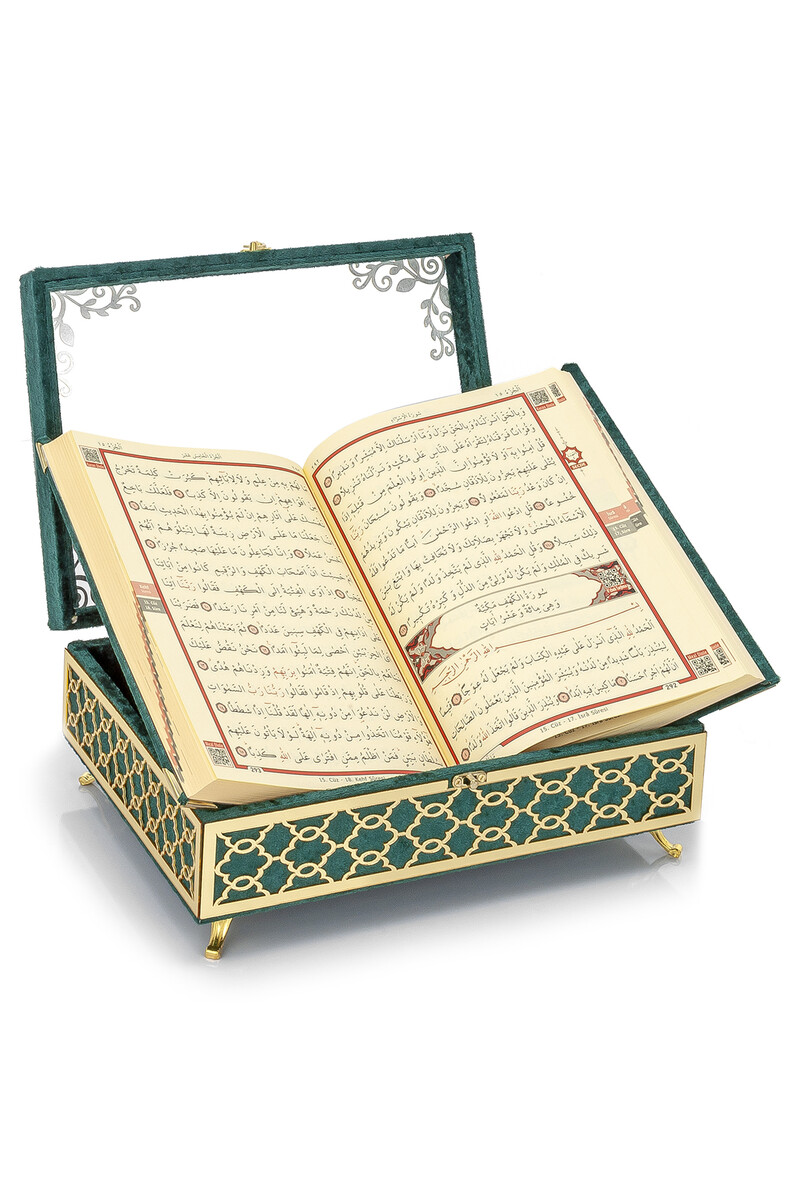 Transparent Plexiglass Velvet Covered Dowry Quran Set With Box - Green - 3