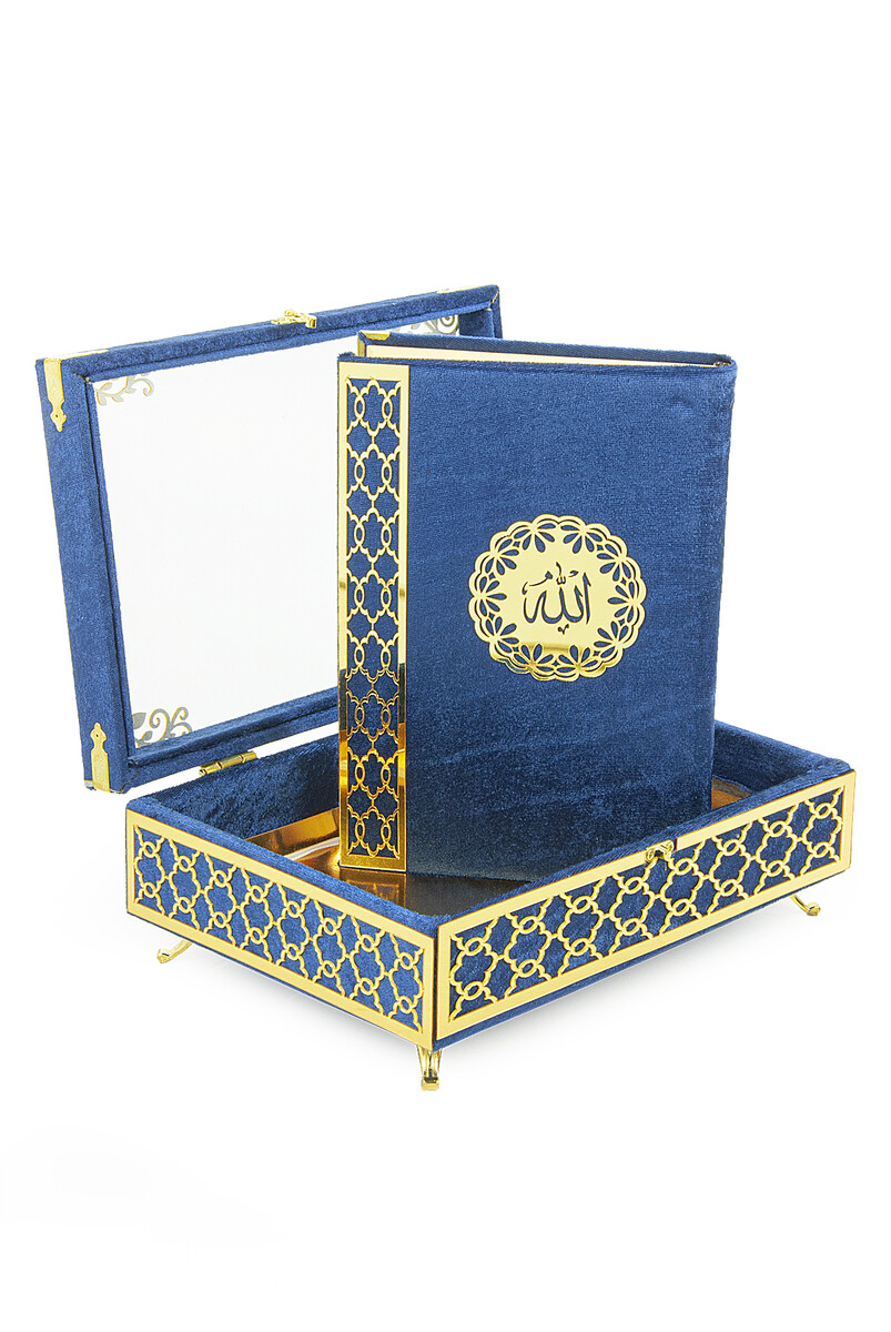 Transparent Plexiglass Velvet Covered Dowry Quran Set With Box - Navy Blue - 1