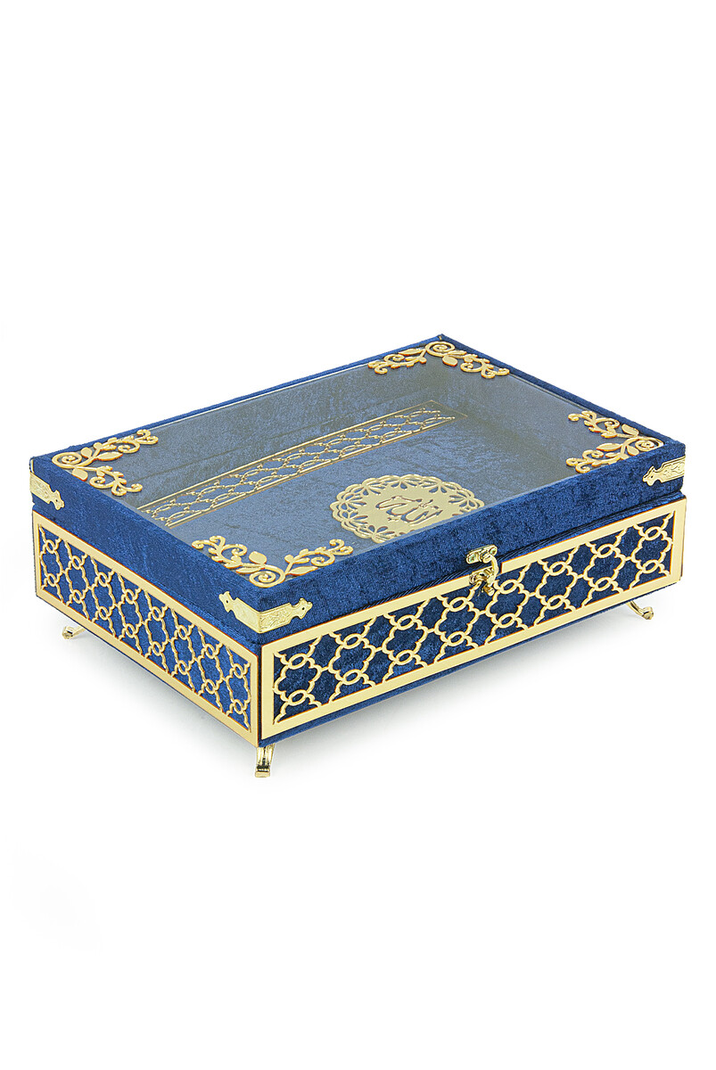 Transparent Plexiglass Velvet Covered Dowry Quran Set With Box - Navy Blue - 2