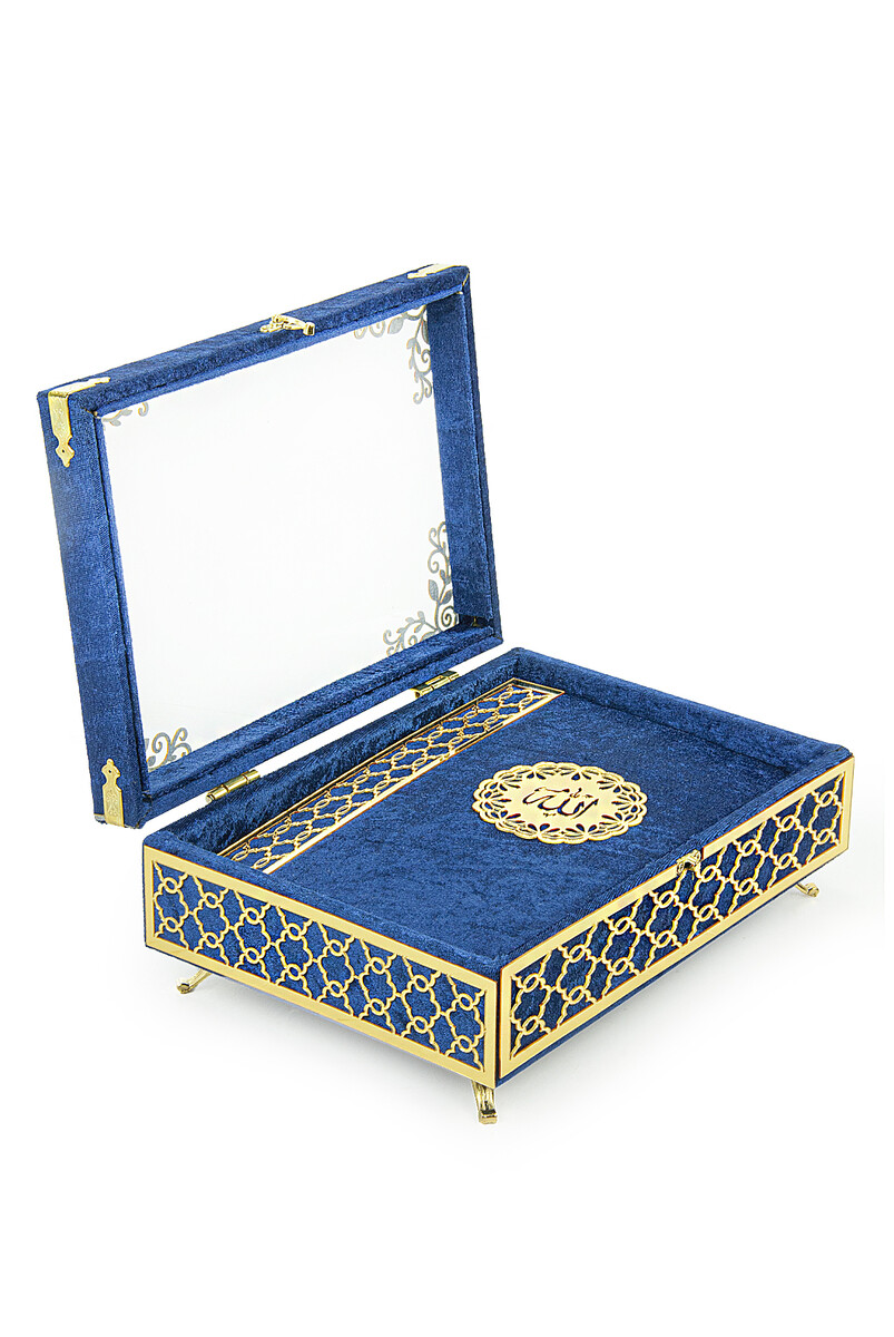 Transparent Plexiglass Velvet Covered Dowry Quran Set With Box - Navy Blue - 3