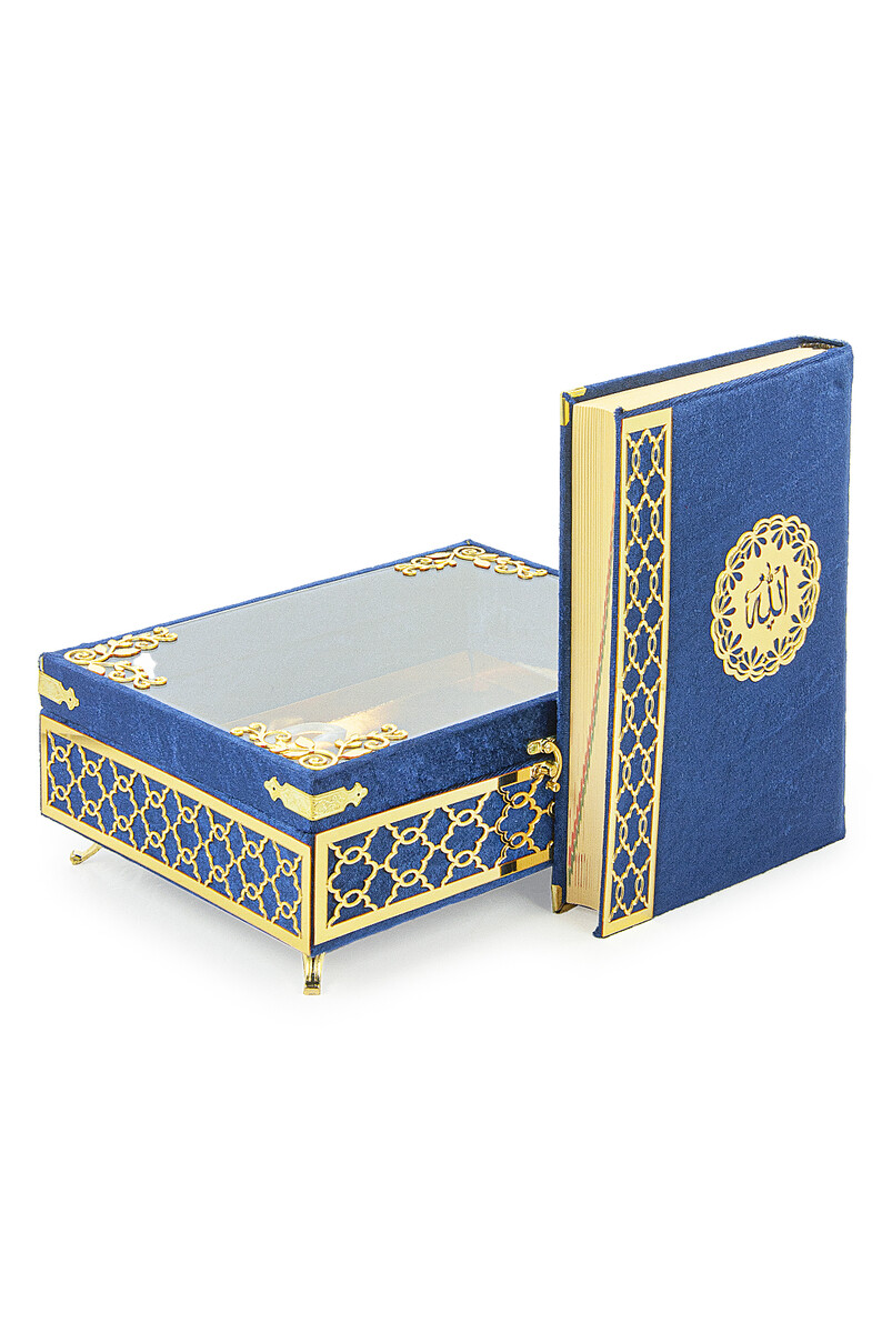 Transparent Plexiglass Velvet Covered Dowry Quran Set With Box - Navy Blue - 4