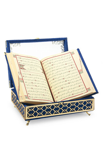 Transparent Plexiglass Velvet Covered Dowry Quran Set With Box - Navy Blue - 5