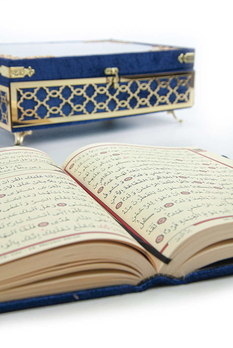 Transparent Plexiglass Velvet Covered Dowry Quran Set With Box - Navy Blue - 6