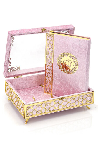 Transparent Plexiglass Velvet Covered Dowry Quran Set with Chest - Pink - 2