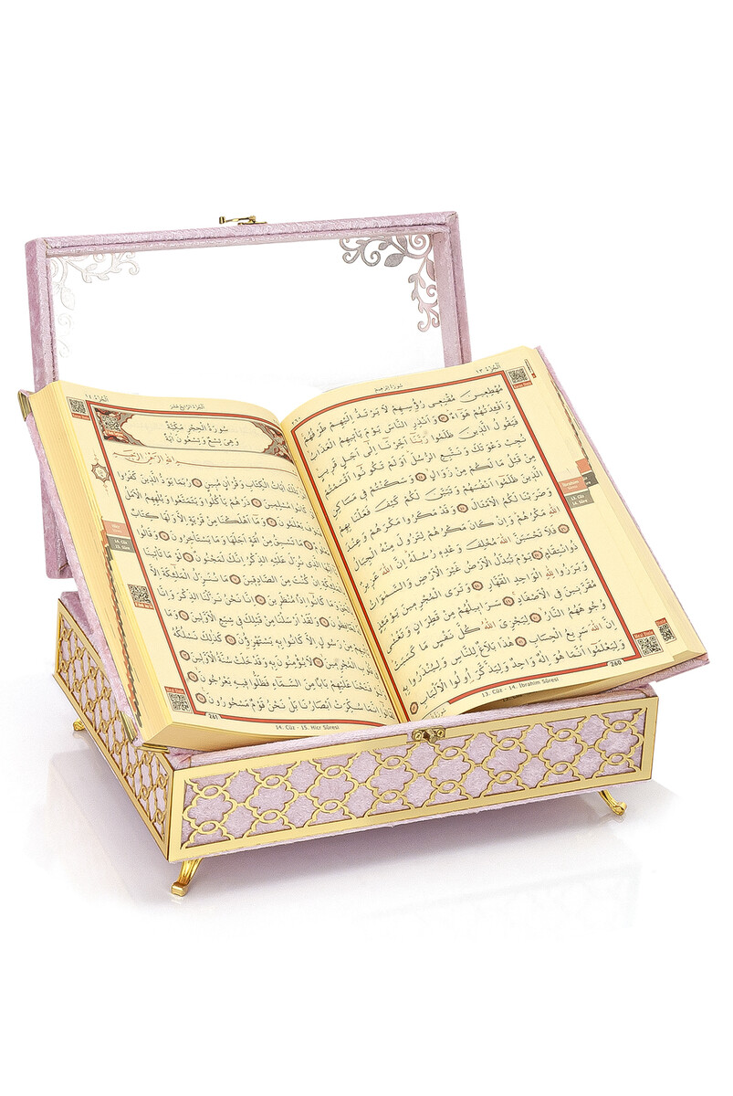 Transparent Plexiglass Velvet Covered Dowry Quran Set with Chest - Pink - 3