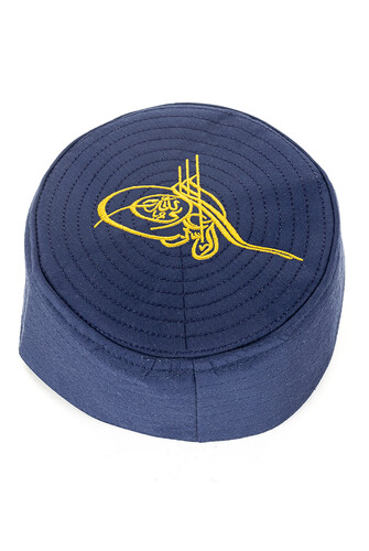 Tughra Patterned Mold Fabric Cap Navy Blue - 5