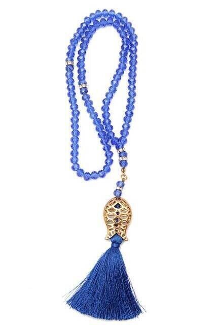 Tulip Patterned Tasseled 99 Piece Crystal Hajj Umrah Gift Prayer Beads - 8mm Blue - 1