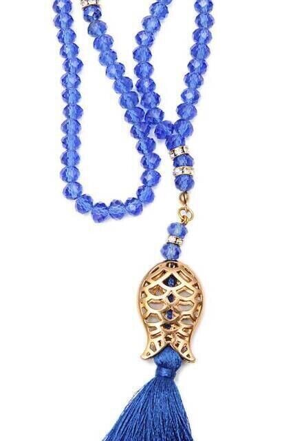 Tulip Patterned Tasseled 99 Piece Crystal Hajj Umrah Gift Prayer Beads - 8mm Blue - 2