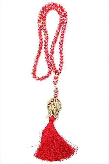 Tulip Patterned Tasseled 99 Piece Crystal Hajj Umrah Gift Prayer Beads - 8mm Red - 1