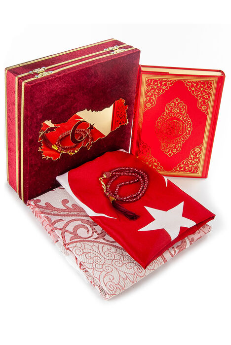 Turkey Map Flag, Velvet Boxed Quran and Prayer Rug Set Red - 1